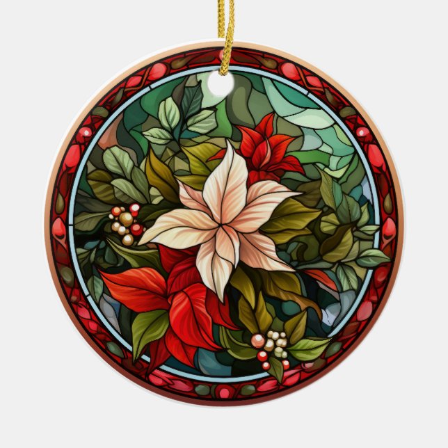 Christmas flowers  stained glass style ceramic ornament (Front)