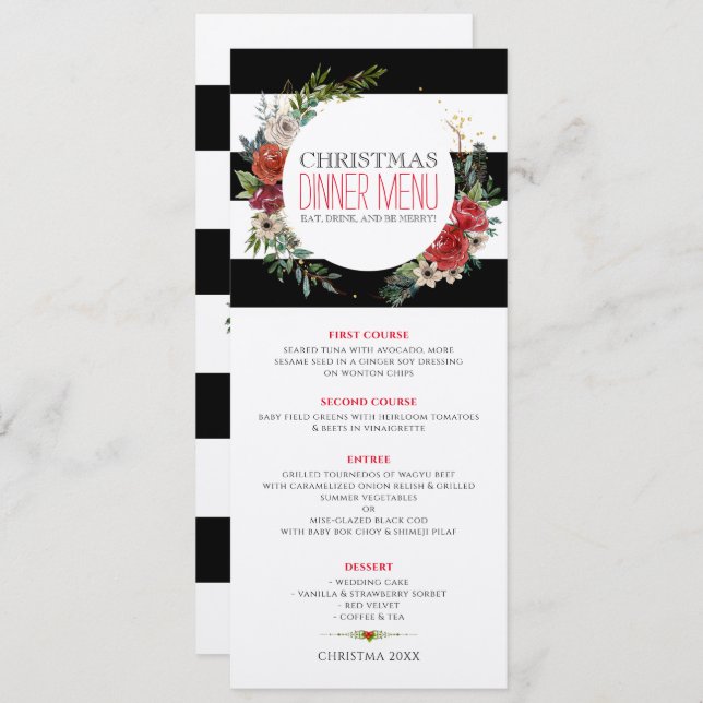 Christmas flowers wreath and stripes invitation (Front/Back)