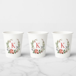Christmas Flowers Wreath Custom Monogram Paper Cups