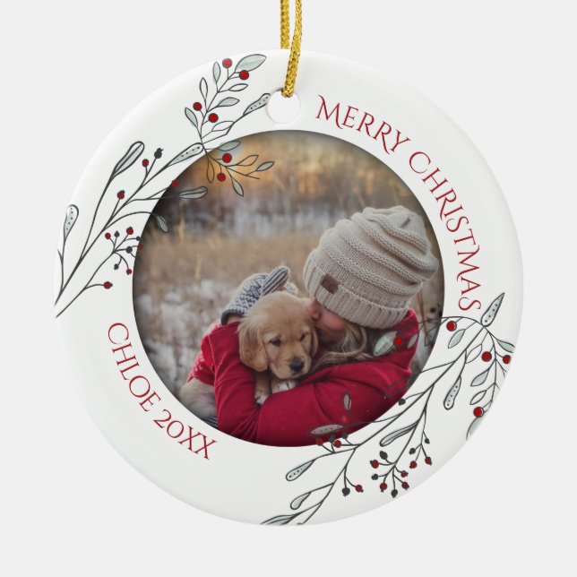 Christmas Foliage and Berries Ceramic Ornament (Front)