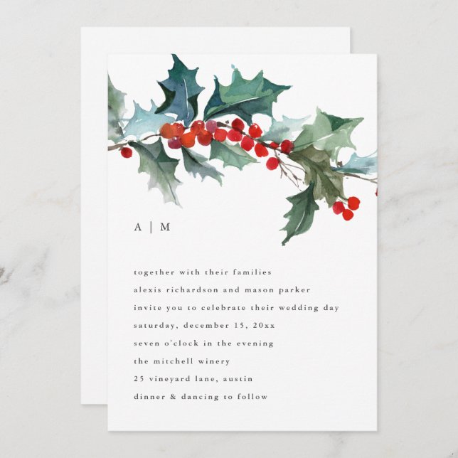 Christmas Foliage and Berries | Holiday Wedding Invitation (Front/Back)