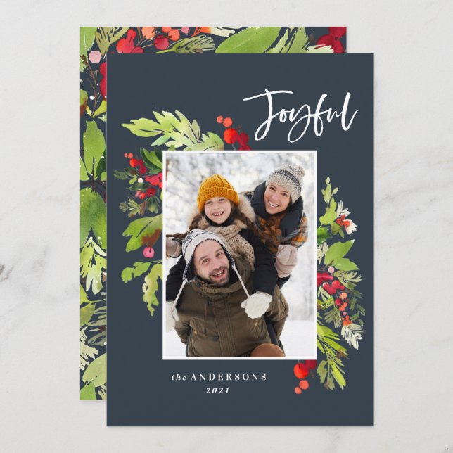 Christmas foliage blue traditional rustic photo holiday card (Front/Back)