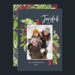 Christmas foliage blue traditional rustic photo holiday card<br><div class="desc">Happy holiday navy blue Christmas photo holiday card. Beautiful watercolour painted foliage and modern script text. Part of a collection.</div>