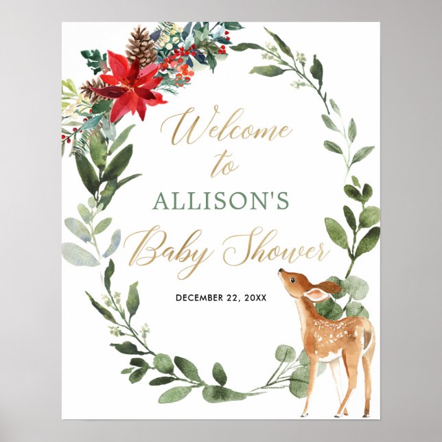 Christmas foliage deer baby shower welcome poster (Front)
