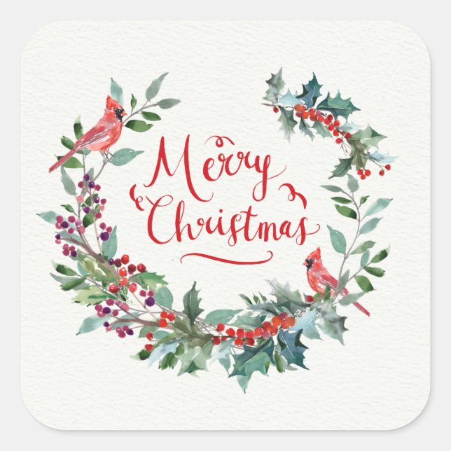 Christmas foliage, holly, Cardinal bird Square Sticker (Front)
