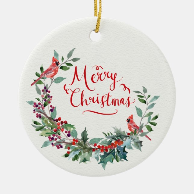 Christmas foliage, holly, cardinal ceramic ornament (Front)