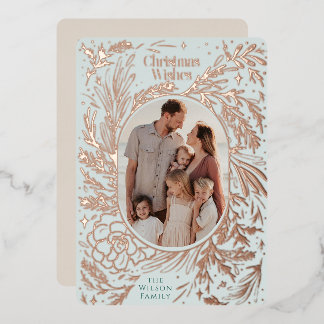 Christmas Foliage Light Blue Foil Holiday Card