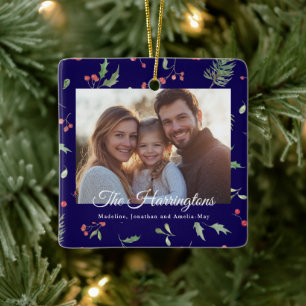 Christmas Foliage Photo Blue Ceramic Ornament