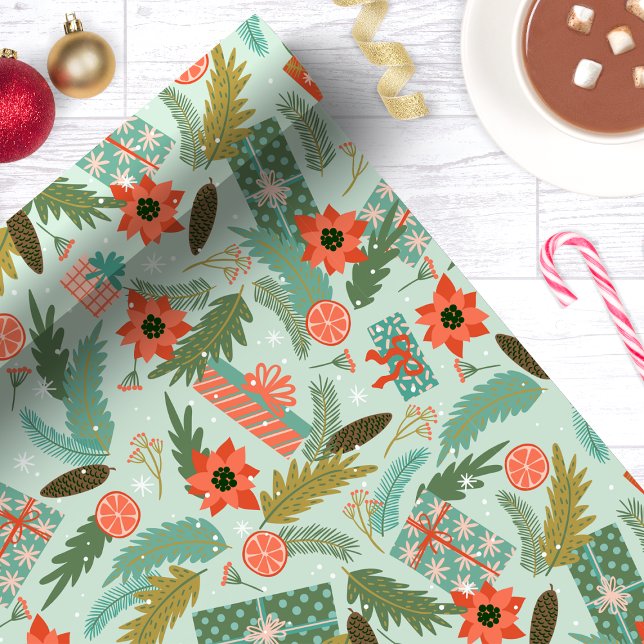 Christmas Foliage Poinsettia Mint Botanical Wrapping Paper (Creator Uploaded)