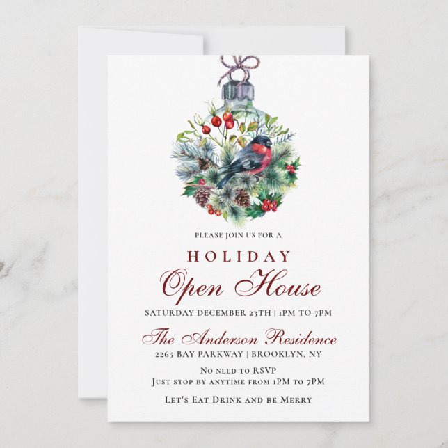 Christmas Foliage & Red Bird Holiday Open House Invitation (Front)
