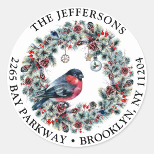 Christmas Foliage & Red Bird Return Address Classic Round Sticker