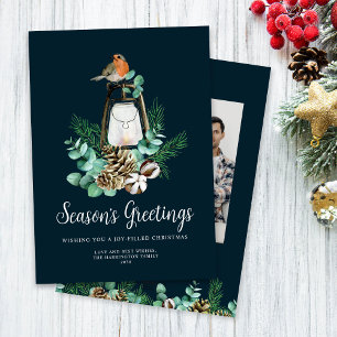 Christmas Foliage Season's Greetings Blue Photo Holiday Card