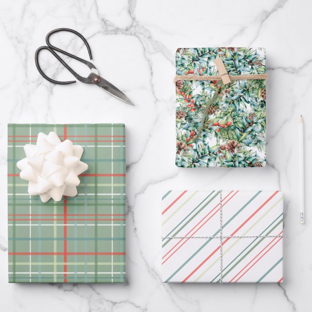 Christmas Foliage, Stripes and Plaid Wrapping Paper Sheet (Front)