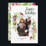 Christmas foliage traditional rustic 1 photo holiday card<br><div class="desc">Happy holiday modern Christmas 1 photo holiday card. Beautiful red and green watercolour painted foliage and modern script text. Part of a collection.</div>