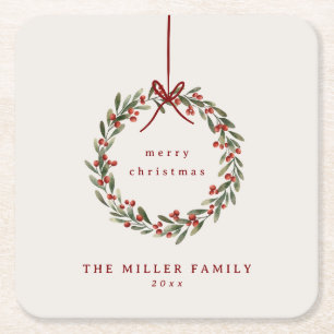 Christmas foliage wreath with red bow square paper coaster