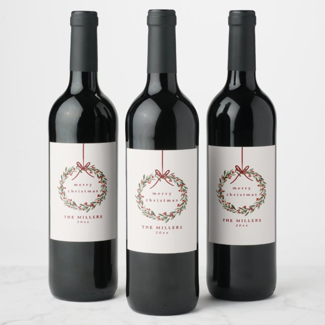 Christmas foliage wreath with red bow  wine label (Bottles)