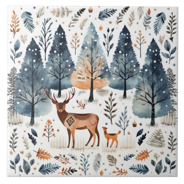 Christmas Folk Art Deer Ceramic Tile (Front)