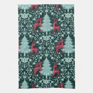 Christmas Folk Art Red Reindeer and Tree Tea Towel