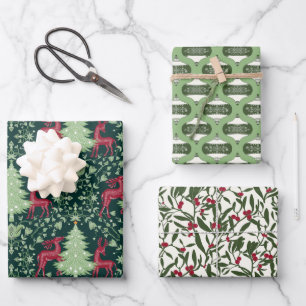 Christmas Folk Art Reindeer, Ornaments, Mistletoe Wrapping Paper Sheet