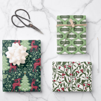 Christmas Folk Art Reindeer, Ornaments, Mistletoe Wrapping Paper Sheet