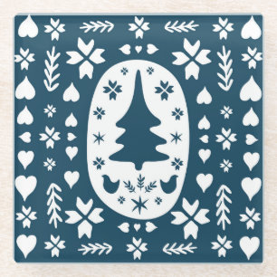 Christmas Folk Art: Scandinavian Doodle. Glass Coaster