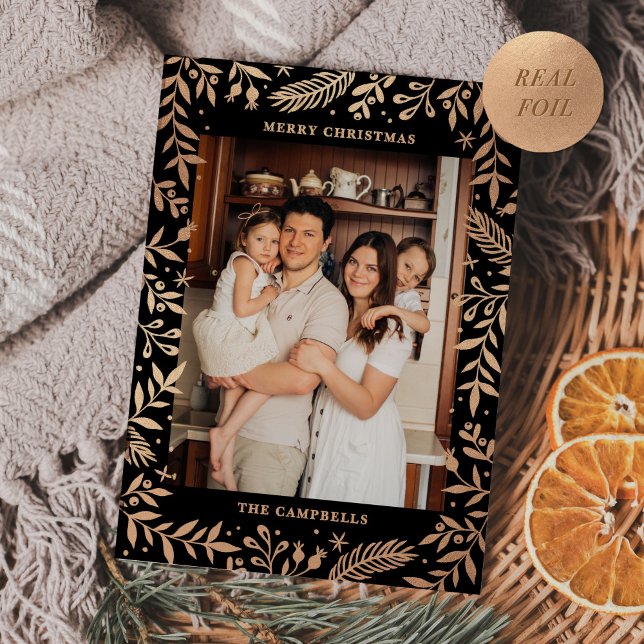 Christmas Folk Floral Photo Black & Rose Gold Foil Holiday Card (Creator Uploaded)