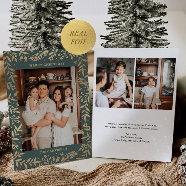 Christmas Folk Floral Photo Green Gold Foil Holiday Card (Creator Uploaded)