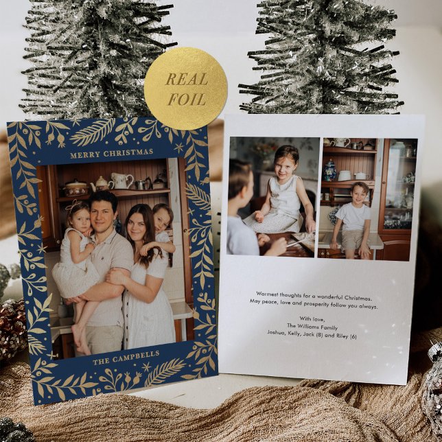 Christmas Folk Floral Photo Navy Blue Gold Foil Holiday Card (Creator Uploaded)