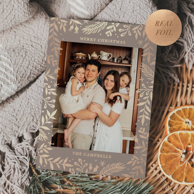 Christmas Folk Floral Photo Taupe Rose Gold Foil Holiday Card (Creator Uploaded)
