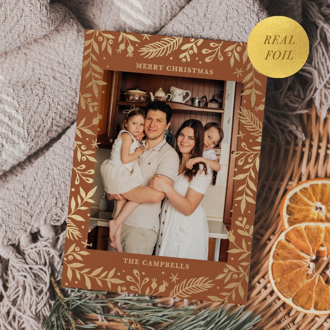 Christmas Folk Floral Photo Terracotta Gold Foil Holiday Card (Creator Uploaded)