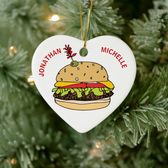 Christmas Food Burger Couples Names Ceramic Ornament (Tree)