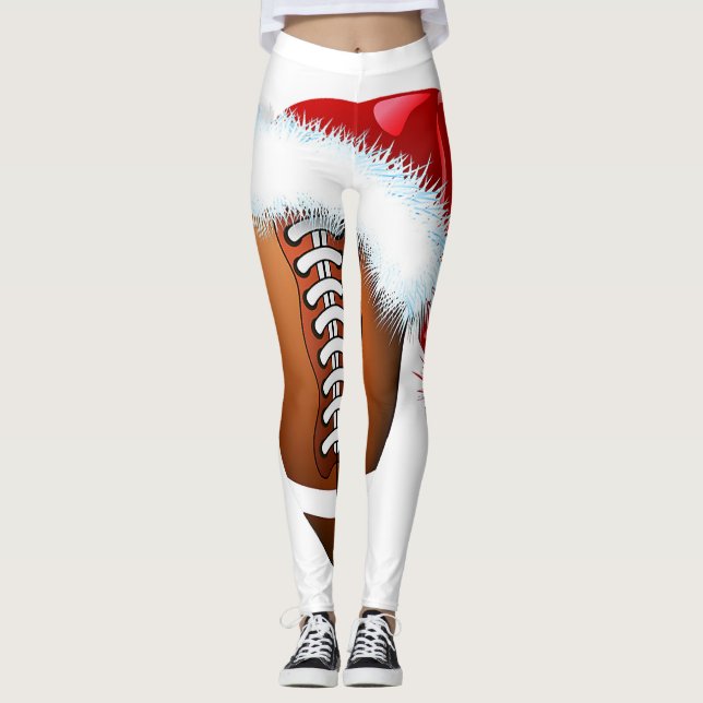 Christmas Football Ball Santa Hat Funny Sport Xmas Leggings (Front)