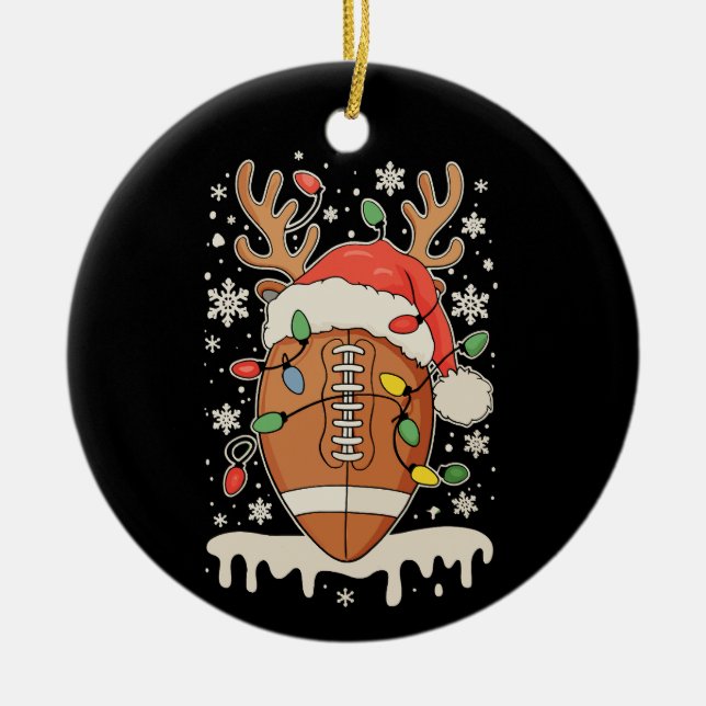 Christmas Football Santa Hat Reindeer Xmas Lights Ceramic Ornament (Front)