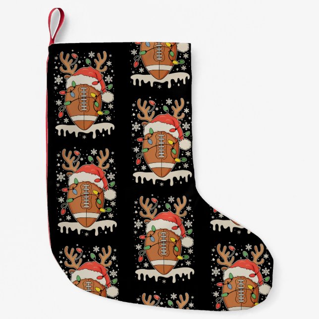 Christmas Football Santa Hat Reindeer Xmas Lights Small Christmas Stocking (Front)