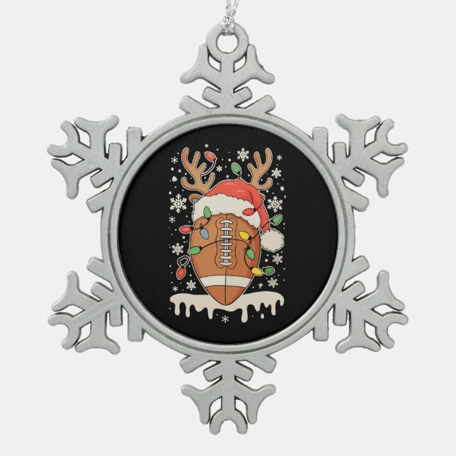 Christmas Football Santa Hat Reindeer Xmas Lights Snowflake Pewter Christmas Ornament (Front)