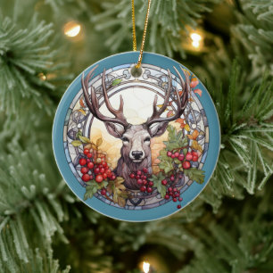 Christmas For Dad Deer Head Antlers Red Blue Ceramic Ornament
