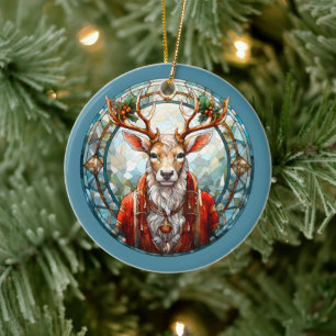 Christmas For Dad Deer Head Antlers Red Blue Ceramic Ornament
