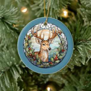 Christmas For Dad Deer Head Antlers Red Blue Ceramic Ornament