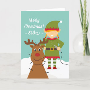 Christmas for Electrologist with Elf and Reindeer Holiday Card
