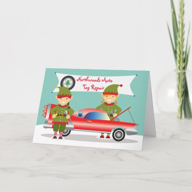 Christmas for Female Auto Mechanic Garage Elves Holiday Card (Front)