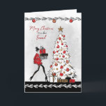 Christmas for Female Friend Stylish Lady Card<br><div class="desc">Modern Christmas card for female friend,  featuring a stylish lady dressed in red with high heels carrying gifts towards a pretty white decorated Christmas tree. Graphics courtesy of Crave Designs.</div>