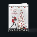 Christmas for Granddaughter Stylish Lady Card<br><div class="desc">Modern Christmas card for granddaughter,  featuring a stylish lady dressed in red with high heels carrying gifts towards a pretty white decorated Christmas tree. Graphics courtesy of Crave Designs.</div>
