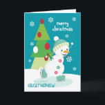 Christmas for Great Nephew Ice Skating Snowman Holiday Card<br><div class="desc">Send a special Great Nephew a fun and colourful Christmas card featuring a happy ice skating snowman with a colourful Christmas tree and snowflakes on a turquoise background. Snowman courtesy of Pretty Grafik.</div>