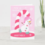 Christmas for Great Niece Ice Skating Snowman Holiday Card<br><div class="desc">Send a special great niece a fun and festive pink Christmas card featuring a happy ice skating snowman with a colourful candy cane and snowflakes on a light pink background. Snowman courtesy of Pretty Grafik.</div>