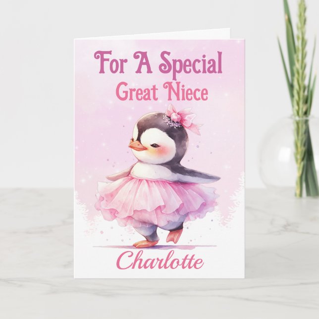 Christmas for Great Niece Penguin Pink Ballerina Holiday Card (Front)