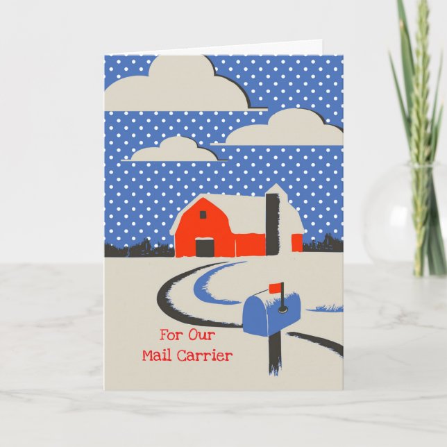Christmas for Mail Carrier, Red Barn in Snow Scene Card (Front)