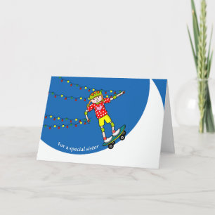 Christmas for Sister, Girl Skateboarder & Lights Holiday Card