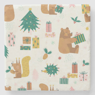 Christmas Forest Animals: Vintage Vibe Stone Coaster