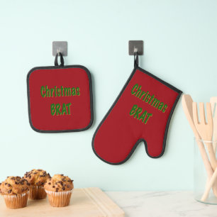 Christmas Forest Green Gold Brat On Crimson Red Oven Mitt & Pot Holder Set