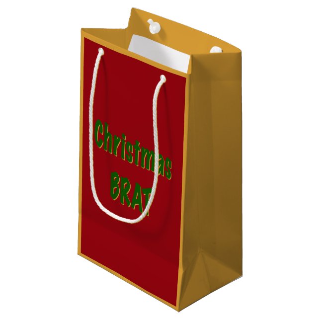 Christmas Forest Green Gold Brat On Crimson Red Small Gift Bag (Front Angled)